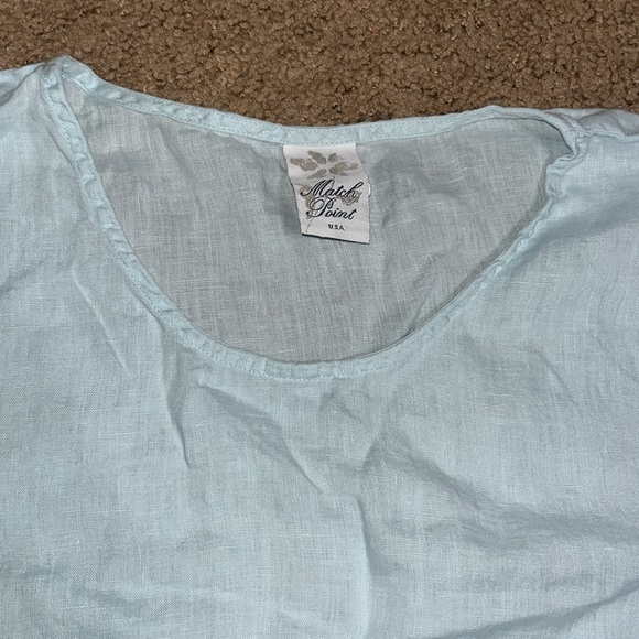 Match Point 100% Linen Ruffle Blouse Top 3/4 Sleeves Light Pastel Blue Large - Picture 6 of 7